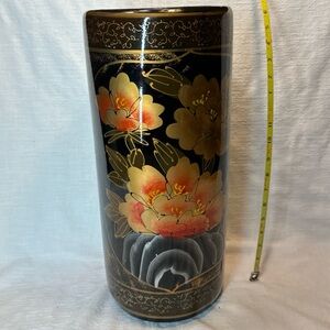 Vintage black lacquered hand painted umbrella stand in awesome condition.